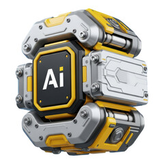 Robot with ai logo on black and yellow metallic panel isolated on transparent background