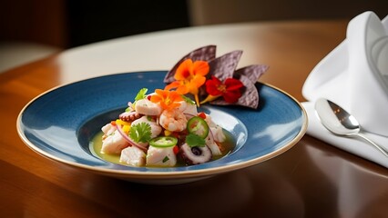 Gourmet seafood salad with edible flowers and garnishes on blue plate