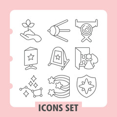 Fototapeta premium Sprout, banner, stars simple icons set including awards, security, network, science items in outline style for web apps and print on white background. Vector graphics. Set of nine thin line icons.