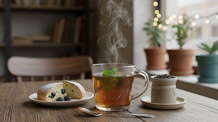 Hot herbal tea with blueberry muffin on wooden table by fireplace