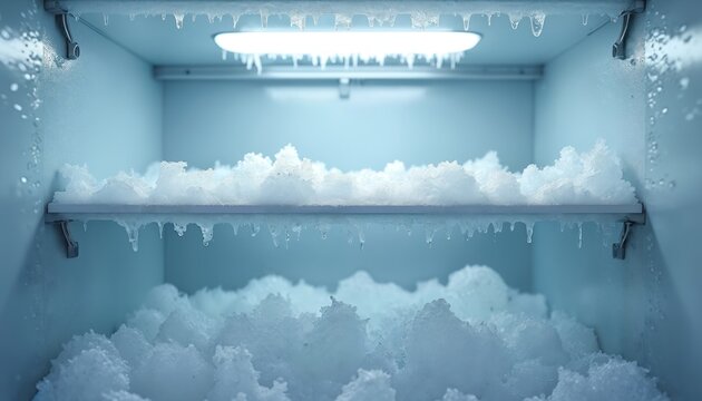 Interior of an empty freezer with thick frost buildup. Icicles hang from shelves and the top, showing extreme cold and condensation. Appliance needs defrosting and maintenance.