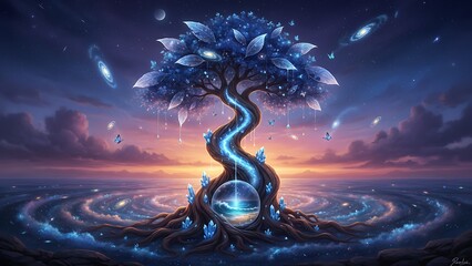 Magical glowing tree with roots by cosmic ocean at twilight
