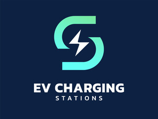 Electric vehicle charging with letter S meaning from ev stations lightning bolt symbol surrounded curved shapes logo vector design concept. Letter S logotype symbol for EV station, ui, clean energy.
