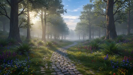 Misty forest pathway with sunlight filtering through trees