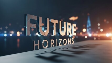 Modern 3D text future horizons concept with cityscape reflection