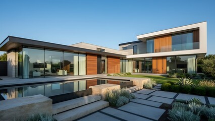 Modern luxury villa with large glass windows and outdoor pool