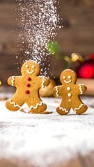 Gingerbread men with powdered sugar in a festive seasonal setting