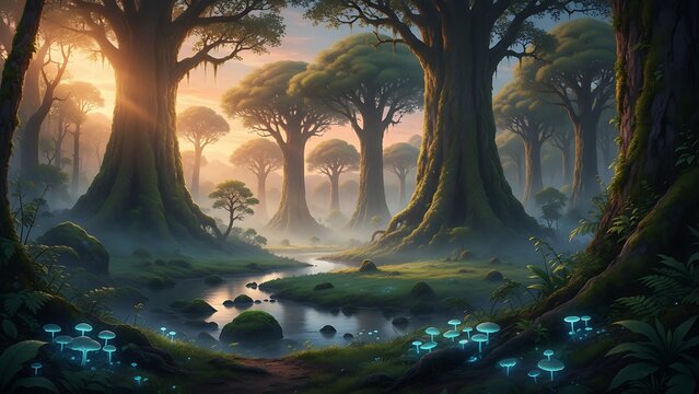 Mystical glowing forest with magical mushrooms and ancient trees - Powered by Adobe