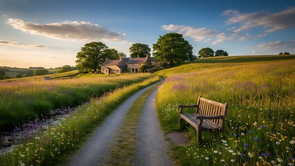 Scenic countryside path leading to quaint village houses at sunset