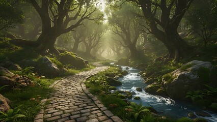 Serene forest path leading to sunlit river in nature