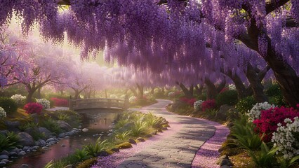 Serene garden pathway with blooming wisteria trees in sunlight