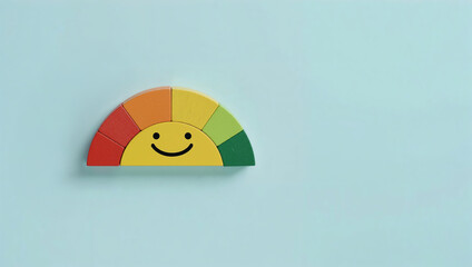 Conceptual customer satisfaction gauge and mood meter using wooden blocks with happy face