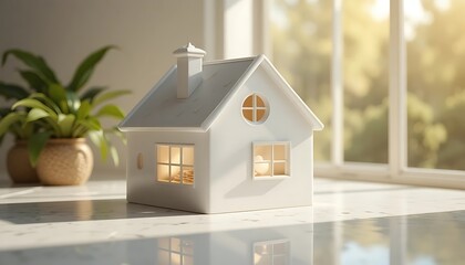 Miniature House Model with Warm Light as Symbol of Home Ownership and Real Estate Dreams