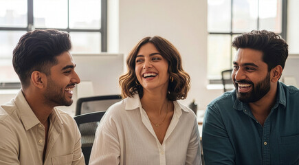 Genial indian professionals sharing humorous moments in a commercial setting