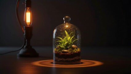Small terrarium with fern plant in glass bottle on wooden table