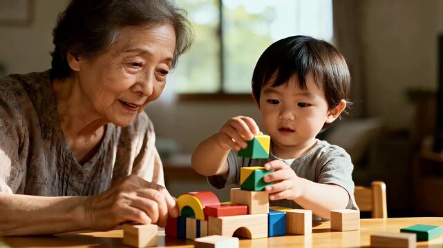 An elderly Asian woman and a young boy playing with colorful wooden blocks at a table, enjoying a moment of intergenerational play.