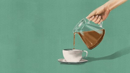 Hand holding a cup of coffee and tea at a cozy cafe breakfast moment vintage hand drawn illustration on green background