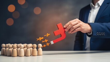 Businessman attracting customers with magnetic pull strategy