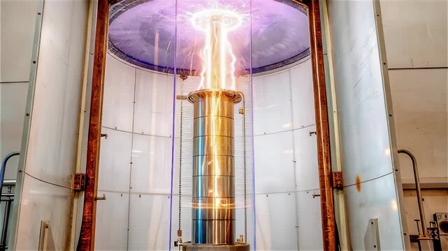 Tesla coil electric spark energy discharge laboratory metal cylinder high voltage electrical experiment power bright sparks industrial equipment