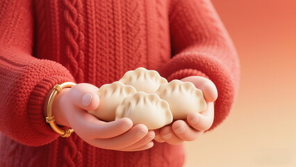 Close-up 3D Rendered Illustration of Hands in a Red Knit Sweater Holding Freshly Made Dumplings, a Traditional Chinese Food for Lunar New Year or Winter Solstice