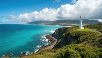 White lighthouse stands on green cliff overlooking vast turquoise ocean, distant hazy mountains under bright blue sky with clouds. Rugged coastline meets calm blue sea waves near green landscape,
