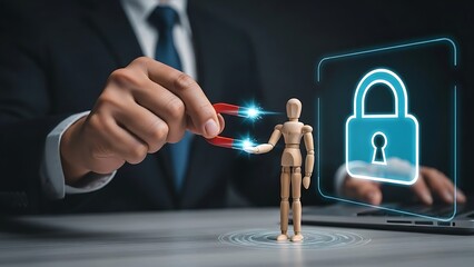 Businessman using magnet to attract wooden mannequin to secure digital lock