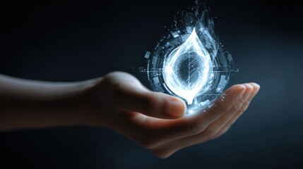 A glowing, digital droplet is held in a hand, symbolizing innovation and technology in a dark, futuristic setting.