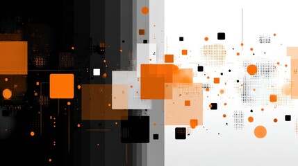 A vibrant abstract design featuring a mix of orange, black, and white geometric shapes, creating a visually striking contrast.
