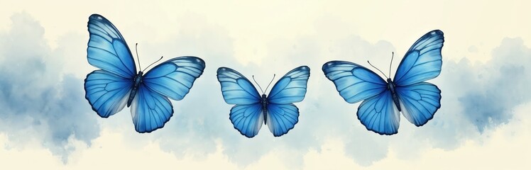 Three blue morpho butterflies appear to fly in formation against soft watercolor sky background. Wings vibrant azure blue with intricate dark veining. Ethereal image conveys peace, delicate beauty,