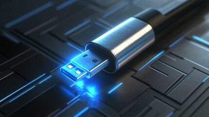 High-speed USB connector glowing blue on a dark futuristic digital surface, representing rapid data transfer and modern computer connection technology