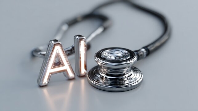 A sleek stethoscope beside illuminated "AI" letters, symbolizing the intersection of healthcare and artificial intelligence.
