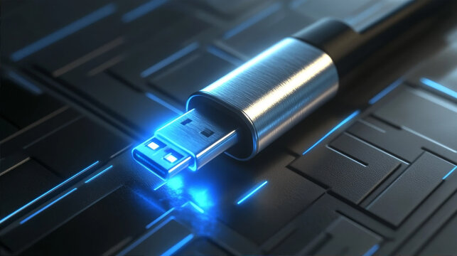 High-speed USB connector glowing blue on a dark futuristic digital surface, representing rapid data transfer and modern computer connection technology - Powered by Adobe