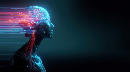 A futuristic representation of a human head, depicted with vibrant colors and digital elements, suggesting themes of technology and consciousness.
