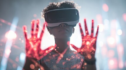A person wearing a virtual reality headset interacts with a digital environment, illuminated by colorful lights and visual effects.