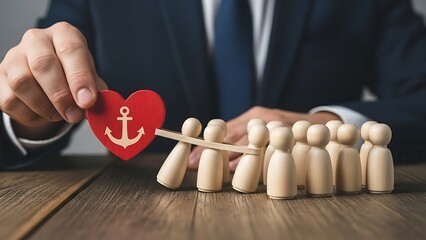 Businessman securing heart with anchor symbol to group of people