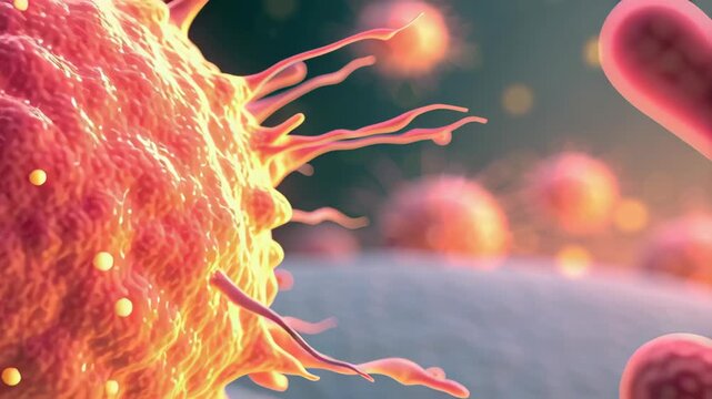 Cancer Research Visual Close Up of Cancer Cells with Spikes, Glowing Elements, Vibrant Colors, and Detailed Textures in Scientific Illustration