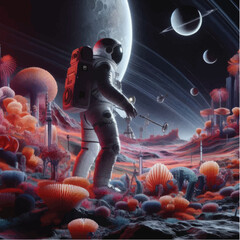 Astronaut exploring alien planet with strange flora. © Ridwan