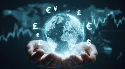 A digital illustration of hands holding a glowing globe surrounded by currency symbols and financial graphs, symbolizing global finance and economy.