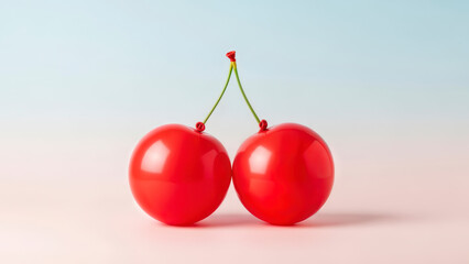 Red cherries transformed into floating balloons, gently rising through soft pastel sky