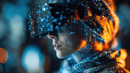 A futuristic figure wearing a VR headset surrounded by a digital display of lights and particles, symbolizing advanced technology and virtual reality.