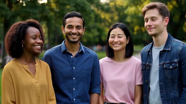 Diverse LGBTQ-Friendly Team in Casual Clothing Smiling Together in a Park