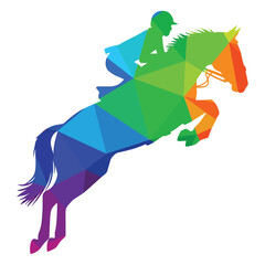 Obraz premium Colorful Low Poly Horse Rider Jumping
