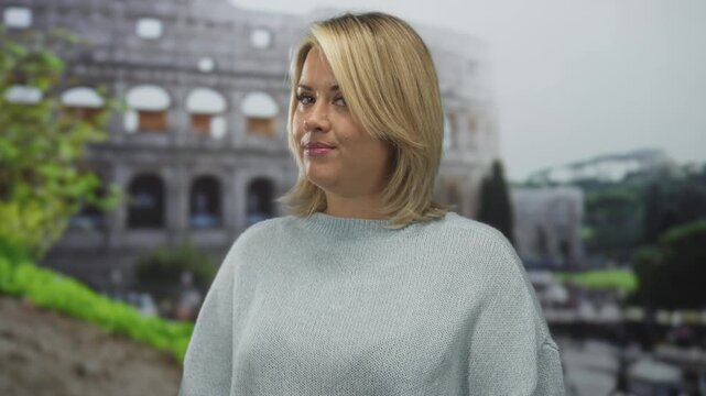 Young blonde woman points finger to cheek in front of sunlit roman coliseum outdoors; toothache discomfort.