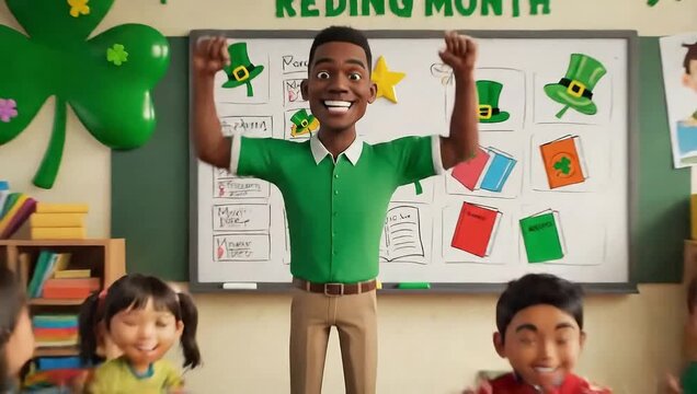 Teacher and students celebrate March Reading Month in a classroom decorated with St. Patricks Day themes.