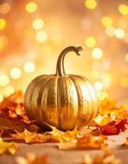 Golden pumpkin on autumn leaves with warm, blurred background lights