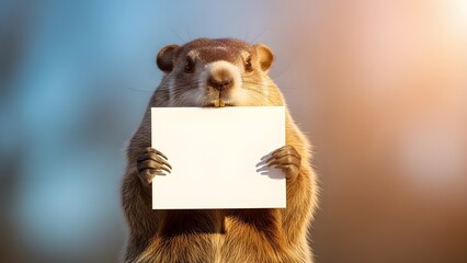 Groundhog day celebration with furry weather predictor holding blank sign