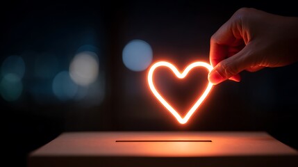 Hand placing glowing heart shape into slot of donation box, nighttime background