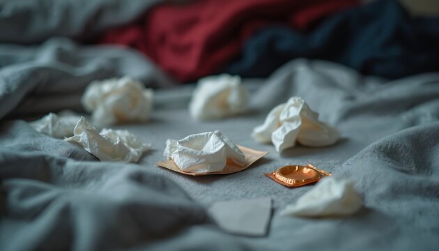 Disorder on gray bed sheets after sexual activity. Crumpled tissues and used condom wrapper lie scattered. Unmade bed shows remnants of intimacy and safe sex practice.