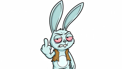 Obraz premium Cartoon illustration of an angry, red-eyed, light blue rabbit character wearing a torn brown vest and aggressively flipping the middle finger upwards