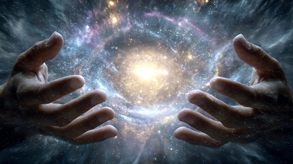 Fototapeta premium Human hands reaching towards a radiant cosmic core, within a swirling galaxy